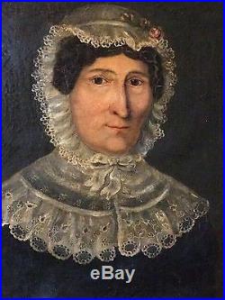 Antique 19th Century Folk Art Painting Portrait Woman In Lace Bonnet
