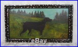 Antique 19th Century Folk Art Primitive Naive Oil Painting Hunting Pointer Dog