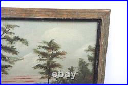 Antique 19th Century Naive Folk Art Landscape Oil Painting Lake Scene Signed
