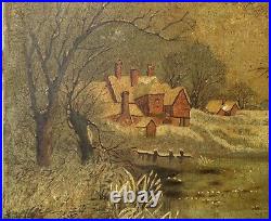 Antique 19th Century New England Winter Landscape Folk Art Oil Painting Signed