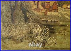 Antique 19th Century New England Winter Landscape Folk Art Oil Painting Signed