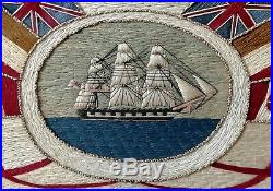 Antique 19th Century Sailors Woolwork Woolie Ship Picture Sampler Folk Art