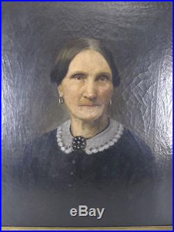 Antique 19th c Folk Art Portrait of Older Woman Oil on Canvas Painting
