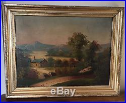 Antique 19th c. Hudson River Landscape Painting Oil on Canvas Gilt Frame Folk
