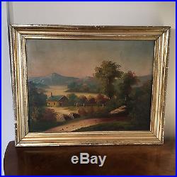 Antique 19th c. Hudson River Landscape Painting Oil on Canvas Gilt Frame Folk