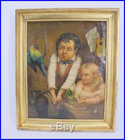 Antique 19th c ORIG Caricature Oil on Canvas ANGRY BIRD Folk Art Painting NR yqz