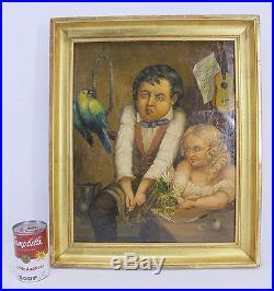 Antique 19th c ORIG Caricature Oil on Canvas ANGRY BIRD Folk Art Painting NR yqz