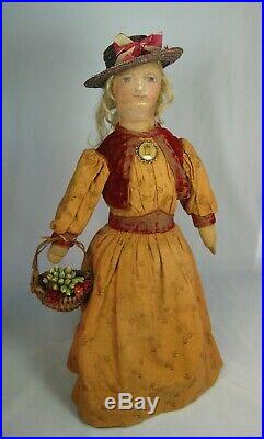 Antique 19th c Oil Paint Face Cloth Rag Doll 19 Wig Folk Art Charming