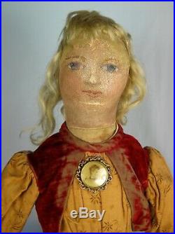 Antique 19th c Oil Paint Face Cloth Rag Doll 19 Wig Folk Art Charming