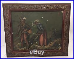 Antique 19thc Gypsy Mountain Halloween Man Moon Folk Art Oil Painting