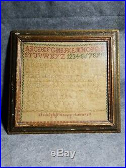 Antique ALPHABET NEEDLEWORK SAMPLER IN ORIGINAL FOLK ART PAINTED WOOD FRAME