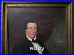 Antique AMERICAN FOLK ART Handsome Gentleman Large Oil Portrait PAINTING c1850s
