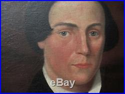 Antique AMERICAN FOLK ART Handsome Gentleman Large Oil Portrait PAINTING c1850s