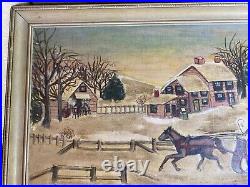Antique A. N. R Folk Art Sled In Landscape Scene Oil Painting Signed/Framed