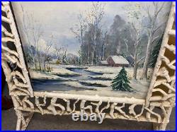 Antique Adirondack Firescreen Country Folk Art Winter Landscape Oil Painting