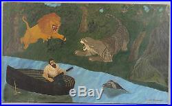 Antique Amede Heroux Early 20thC O/C Folk Art Oil Painting, Hunter, Lion, Tiger