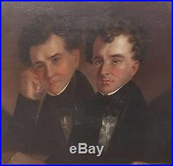 Antique American Americana Folk Art Oil Painting of Twin Brothers circa 1820