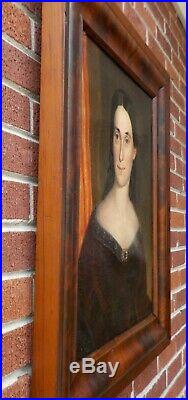 Antique American FOLK Art Pretty Lady Oil Portrait OGEE Wood Frame 1850-60s