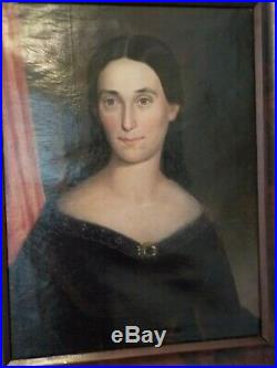 Antique American FOLK Art Pretty Lady Oil Portrait OGEE Wood Frame 1850-60s