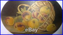 Antique American Folk Art Basket of Peaches Still Life Painting On Wood Unsigned
