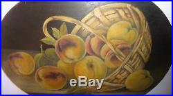 Antique American Folk Art Basket of Peaches Still Life Painting On Wood Unsigned