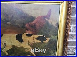 Antique American Folk Art Oil Painting Hunting Dogs Victorian Gilt Frame