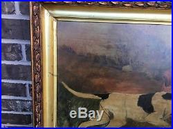 Antique American Folk Art Oil Painting Hunting Dogs Victorian Gilt Frame