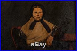 Antique American Folk Art Oil Painting Portrait Of Old Lady