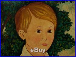 Antique American Folk Art Oil Painting Portrait of Boy with Book Signed