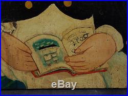 Antique American Folk Art Oil Painting Portrait of Boy with Book Signed