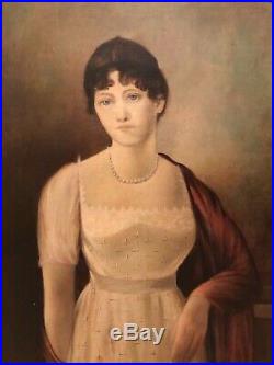 Antique American Folk Art Oil Painting Portrait of a Lady Woman Girl 19e