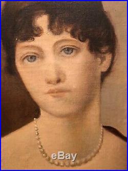 Antique American Folk Art Oil Painting Portrait of a Lady Woman Girl 19e