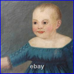 Antique American Folk Art Oil Portrait Painting of a Child in Blue Dress c. 1840