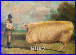 Antique American Folk Art Original Oil Painting Potrait Of Sheep