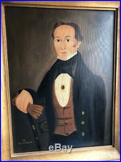 Antique American Folk Art Painting Portrait Distinguished Gentleman