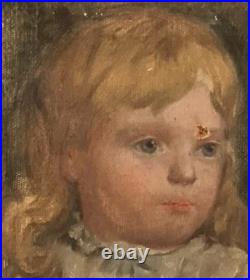 Antique American Folk Art Primitive Victorian Childrens Portrait Oil Painting