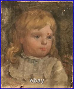Antique American Folk Art Primitive Victorian Childrens Portrait Oil Painting