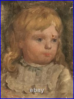 Antique American Folk Art Primitive Victorian Childrens Portrait Oil Painting