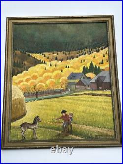 Antique American Folk Art Regionalism Painting Farm Landscape Children 24 Inch
