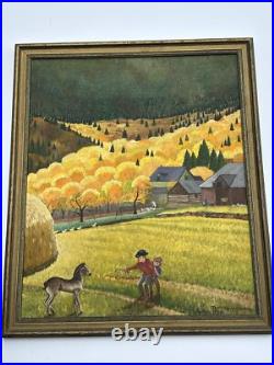 Antique American Folk Art Regionalism Painting Farm Landscape Children 24 Inch