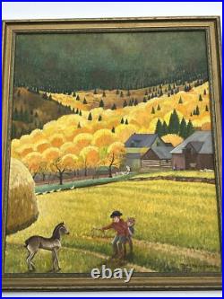 Antique American Folk Art Regionalism Painting Farm Landscape Children 24 Inch