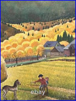 Antique American Folk Art Regionalism Painting Farm Landscape Children 24 Inch