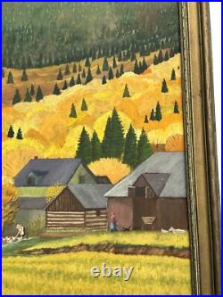 Antique American Folk Art Regionalism Painting Farm Landscape Children 24 Inch
