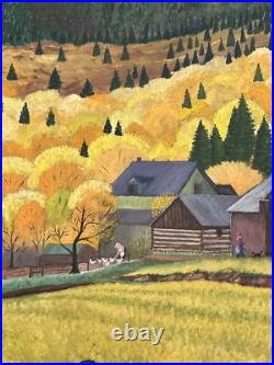 Antique American Folk Art Regionalism Painting Farm Landscape Children 24 Inch