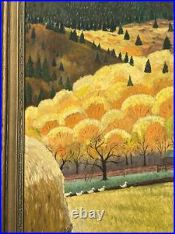 Antique American Folk Art Regionalism Painting Farm Landscape Children 24 Inch