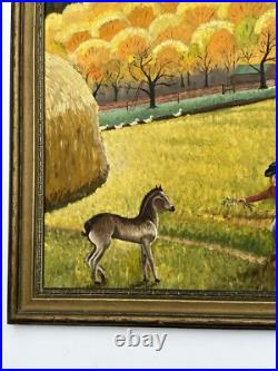 Antique American Folk Art Regionalism Painting Farm Landscape Children 24 Inch