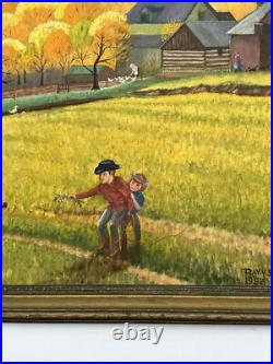 Antique American Folk Art Regionalism Painting Farm Landscape Children 24 Inch