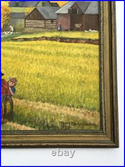 Antique American Folk Art Regionalism Painting Farm Landscape Children 24 Inch