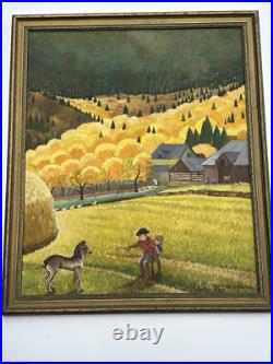 Antique American Folk Art Regionalism Painting Farm Landscape Children 24 Inch