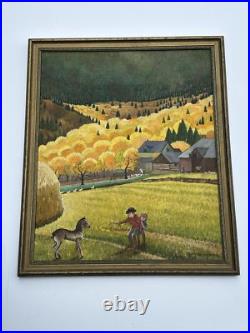 Antique American Folk Art Regionalism Painting Farm Landscape Children 24 Inch